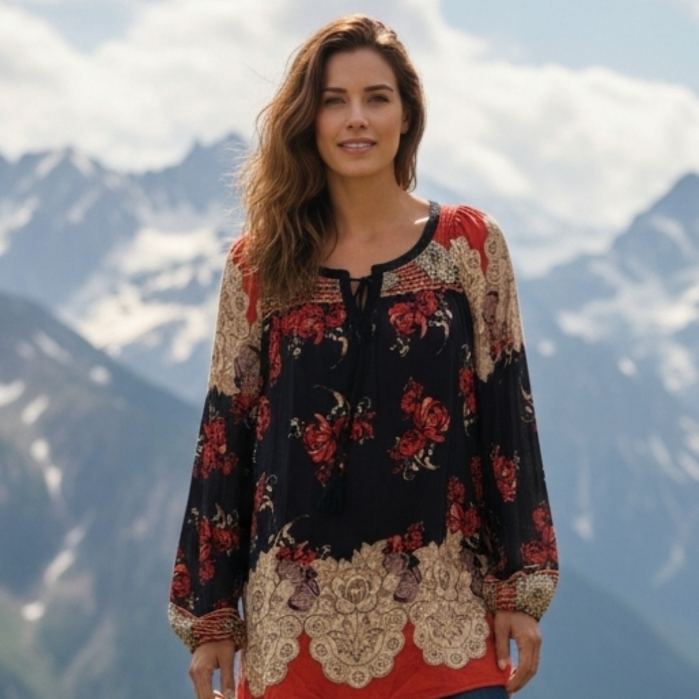 Anthropologie Meadow Rue Navy Floral Silk Pheasant Top